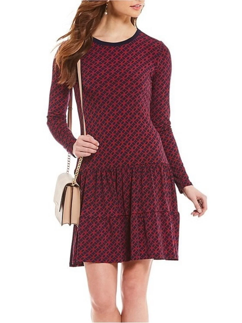 NWT Michael Kors Red & Navy Patterned Long-Sleeve Dress